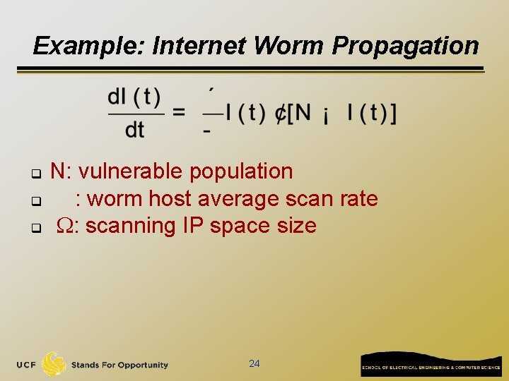 Example: Internet Worm Propagation q q q N: vulnerable population : worm host average