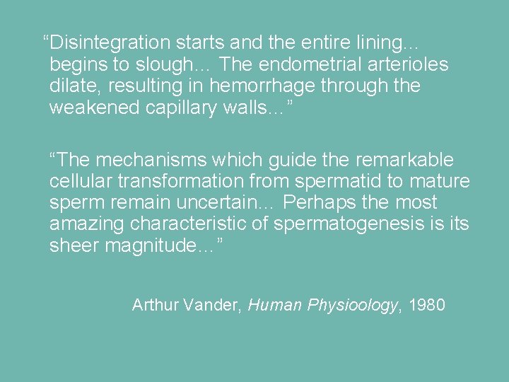 “Disintegration starts and the entire lining… begins to slough… The endometrial arterioles dilate, resulting “Disintegration starts and the entire lining… begins to slough… The endometrial arterioles dilate, resulting