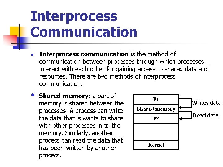 Interprocess Communication n • Interprocess communication is the method of communication between processes through Interprocess Communication n • Interprocess communication is the method of communication between processes through
