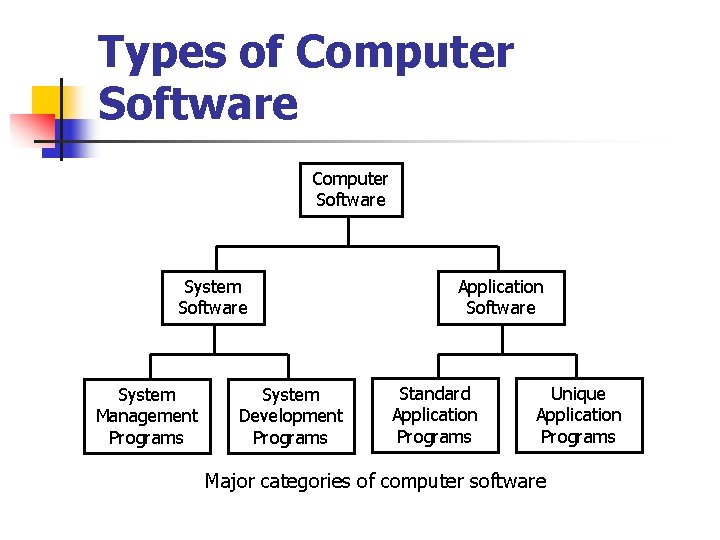 Types of Computer Software System Management Programs System Development Programs Application Software Standard Application Types of Computer Software System Management Programs System Development Programs Application Software Standard Application