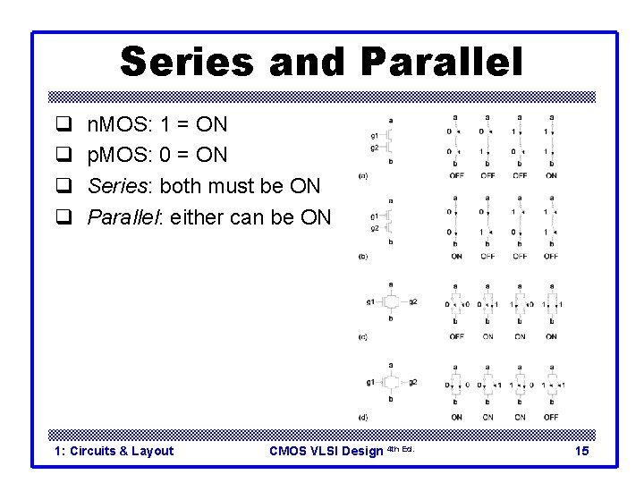 Series and Parallel q q n. MOS: 1 = ON p. MOS: 0 = Series and Parallel q q n. MOS: 1 = ON p. MOS: 0 =