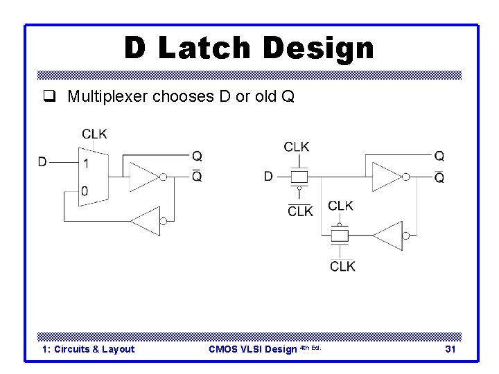 D Latch Design q Multiplexer chooses D or old Q 1: Circuits & Layout D Latch Design q Multiplexer chooses D or old Q 1: Circuits & Layout