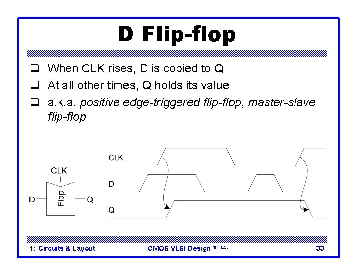D Flip-flop q When CLK rises, D is copied to Q q At all D Flip-flop q When CLK rises, D is copied to Q q At all