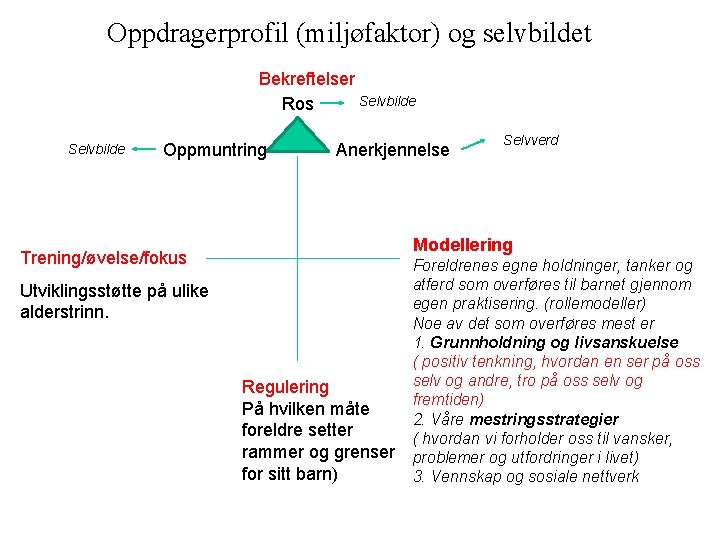 Oppdragerprofil (miljøfaktor) og selvbildet Bekreftelser Selvbilde Ros Selvbilde Oppmuntring Anerkjennelse Selvverd Modellering Trening/øvelse/fokus Utviklingsstøtte Oppdragerprofil (miljøfaktor) og selvbildet Bekreftelser Selvbilde Ros Selvbilde Oppmuntring Anerkjennelse Selvverd Modellering Trening/øvelse/fokus Utviklingsstøtte