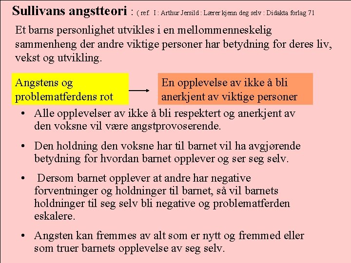 Sullivans angstteori : ( ref. I : Arthur Jersild : Lærer kjenn deg selv Sullivans angstteori : ( ref. I : Arthur Jersild : Lærer kjenn deg selv