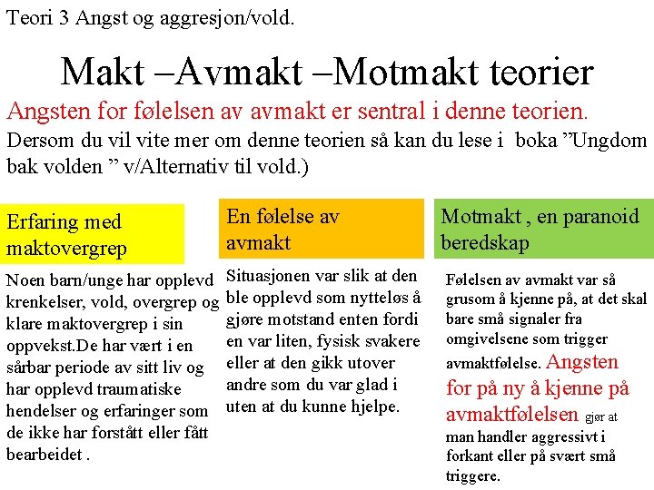 Teori 3 Angst og aggresjon/vold. Makt –Avmakt –Motmakt teorier Angsten for følelsen av avmakt Teori 3 Angst og aggresjon/vold. Makt –Avmakt –Motmakt teorier Angsten for følelsen av avmakt