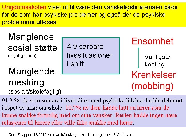 Ungdomsskolen viser ut til være den vanskeligste arenaen både for de som har psykiske Ungdomsskolen viser ut til være den vanskeligste arenaen både for de som har psykiske