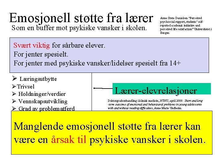 Emosjonell støtte fra lærer Som en buffer mot psykiske vansker i skolen. Anne Grete Emosjonell støtte fra lærer Som en buffer mot psykiske vansker i skolen. Anne Grete
