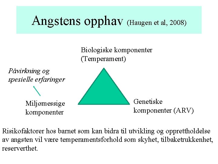Angstens opphav (Haugen et al, 2008) Biologiske komponenter (Temperament) Påvirkning og spesielle erfaringer Miljømessige Angstens opphav (Haugen et al, 2008) Biologiske komponenter (Temperament) Påvirkning og spesielle erfaringer Miljømessige