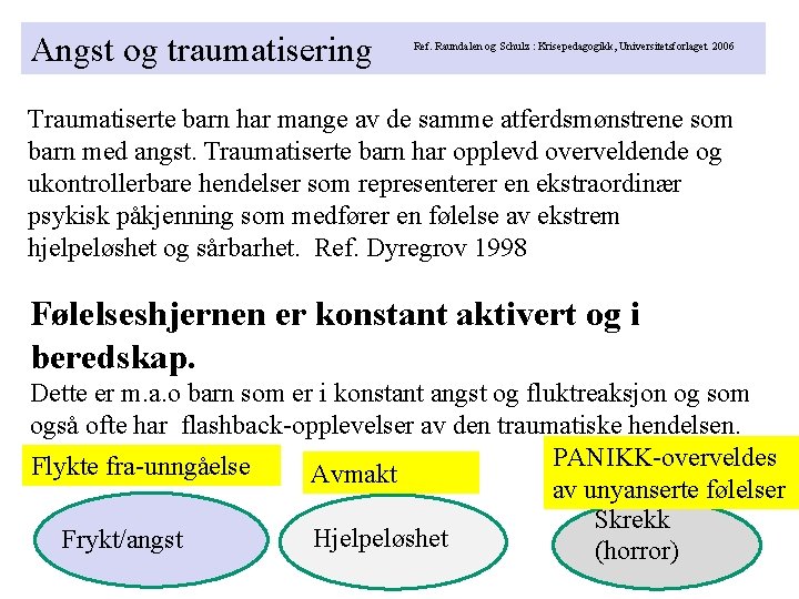 Angst og traumatisering Ref. Raundalen og Schulz : Krisepedagogikk, Universitetsforlaget 2006 Traumatiserte barn har Angst og traumatisering Ref. Raundalen og Schulz : Krisepedagogikk, Universitetsforlaget 2006 Traumatiserte barn har