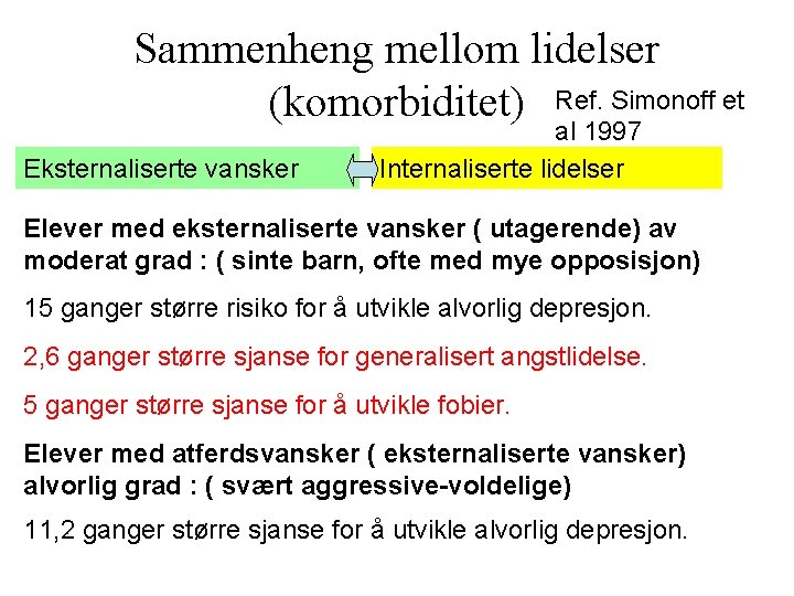 Sammenheng mellom lidelser (komorbiditet) Ref. Simonoff et Eksternaliserte vansker al 1997 Internaliserte lidelser Elever Sammenheng mellom lidelser (komorbiditet) Ref. Simonoff et Eksternaliserte vansker al 1997 Internaliserte lidelser Elever