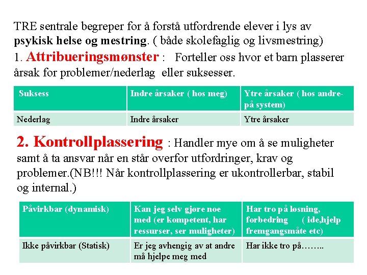 TRE sentrale begreper for å forstå utfordrende elever i lys av psykisk helse og TRE sentrale begreper for å forstå utfordrende elever i lys av psykisk helse og