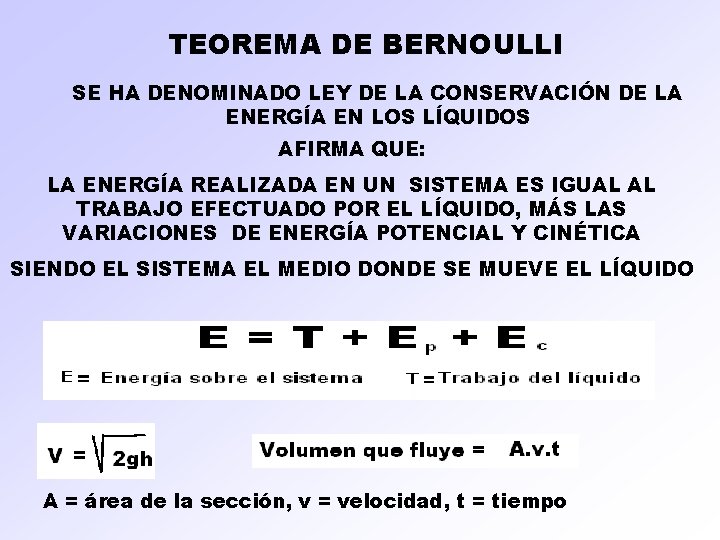 TEOREMA DE BERNOULLI SE HA DENOMINADO LEY DE LA CONSERVACIÓN DE LA ENERGÍA EN