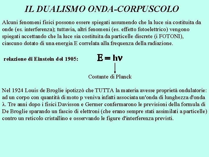 IL DUALISMO ONDA-CORPUSCOLO Alcuni fenomeni fisici possono essere spiegati assumendo che la luce sia