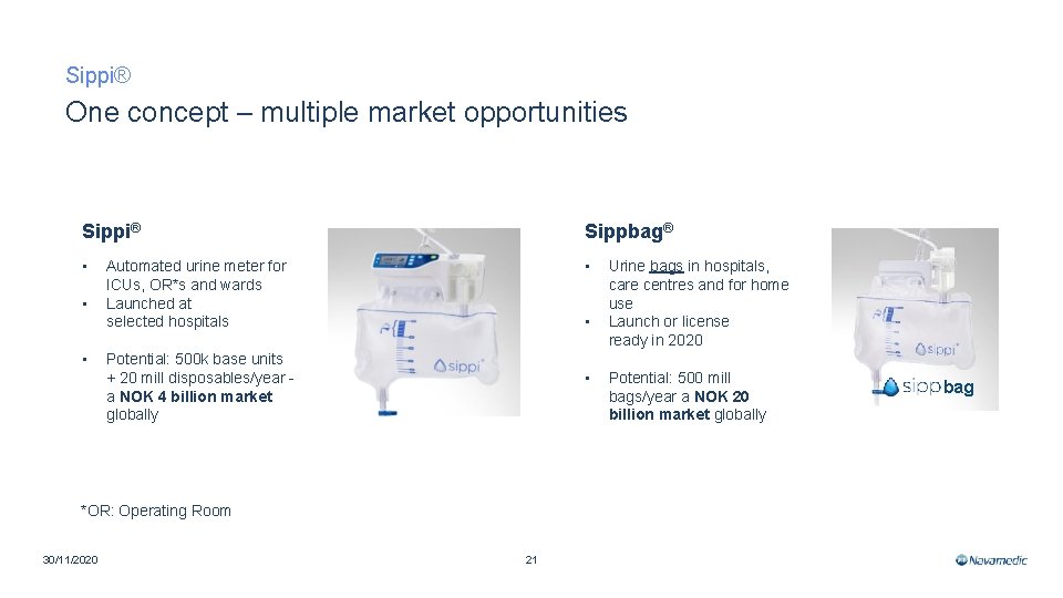 Sippi® One concept – multiple market opportunities Sippi® Sippbag® • • Automated urine meter
