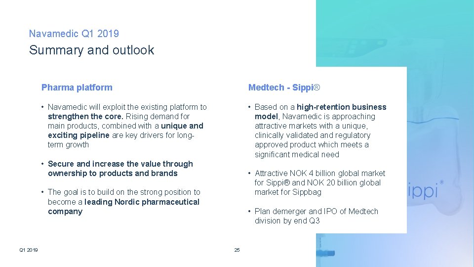 Navamedic Q 1 2019 Summary and outlook Pharma platform Medtech - Sippi® • Navamedic