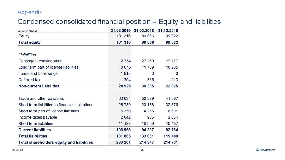 Appendix Condensed consolidated financial position – Equity and liabilities Q 1 2019 29 
