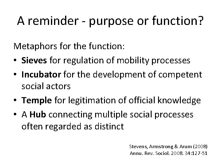 A reminder - purpose or function? Metaphors for the function: • Sieves for regulation