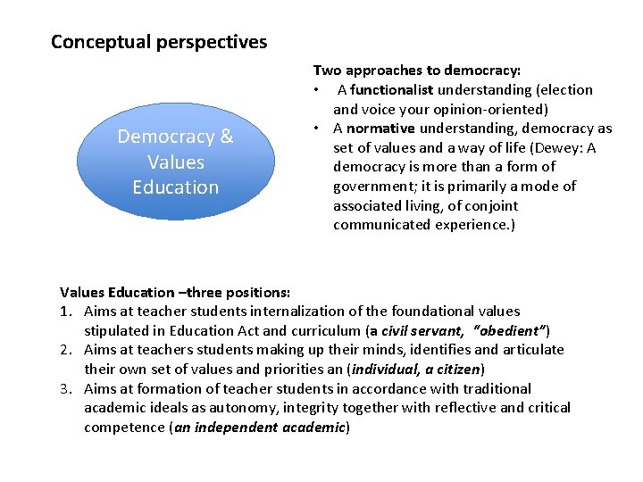 Conceptual perspectives Democracy & Values Education Two approaches to democracy: • A functionalist understanding