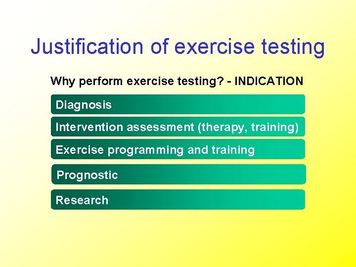Justification of exercise testing Why perform exercise testing? - INDICATION Diagnosis Intervention assessment (therapy,