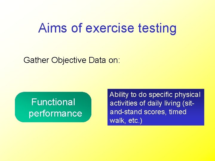 Aims of exercise testing Gather Objective Data on: Functional performance Ability to do specific