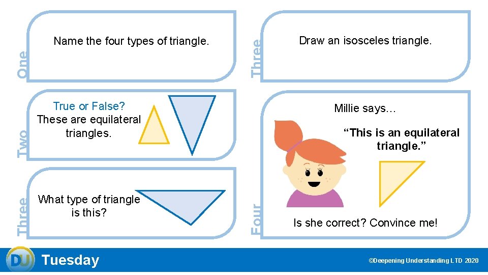 Three True or False? These are equilateral triangles. What type of triangle is this?