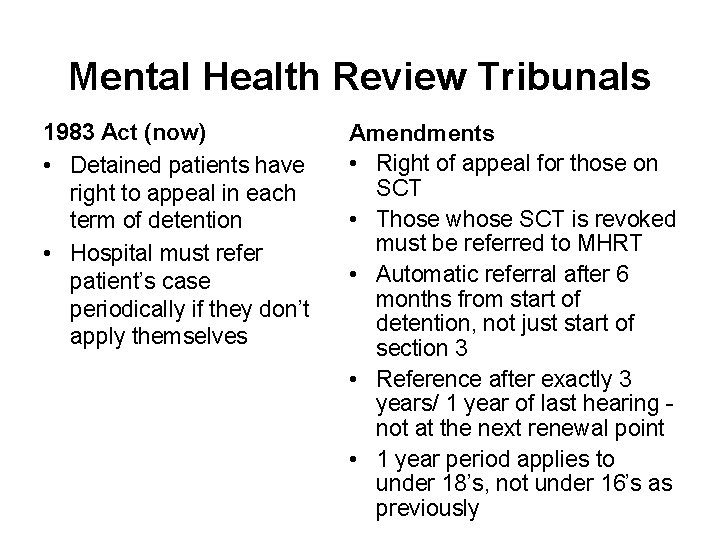 Mental Health Review Tribunals 1983 Act (now) • Detained patients have right to appeal