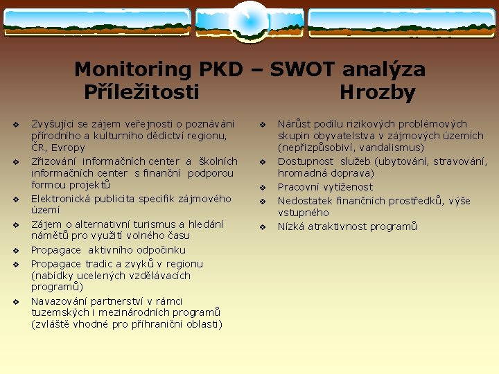 Monitoring PKD – SWOT analýza Příležitosti Hrozby v v v v Zvyšující se zájem