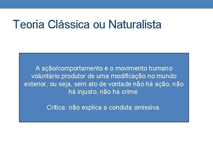 Teoria Clássica ou Naturalista A ação/comportamento é o movimento humano voluntário produtor de uma