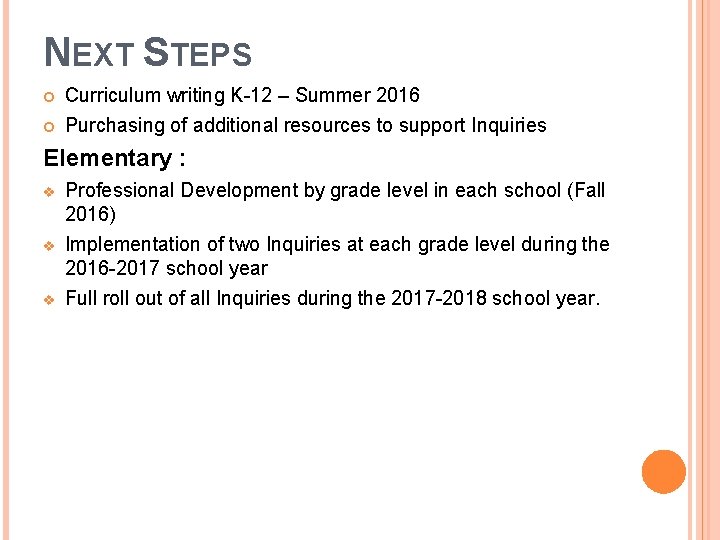 NEXT STEPS Curriculum writing K-12 – Summer 2016 Purchasing of additional resources to support NEXT STEPS Curriculum writing K-12 – Summer 2016 Purchasing of additional resources to support