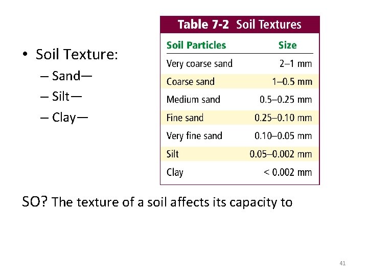 • Soil Texture: – Sand— – Silt— – Clay— SO? The texture of