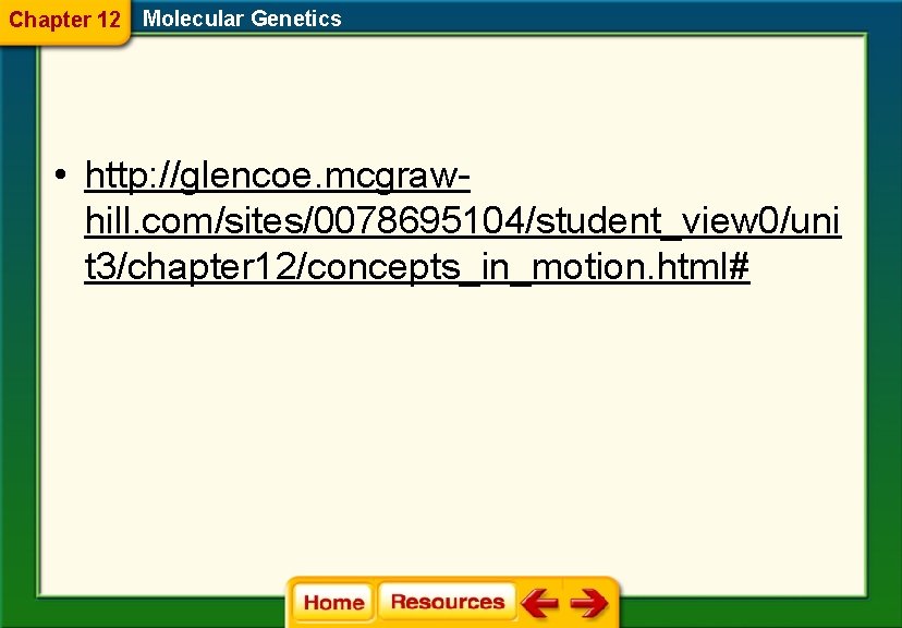 Chapter 12 Molecular Genetics • http: //glencoe. mcgrawhill. com/sites/0078695104/student_view 0/uni t 3/chapter 12/concepts_in_motion. html#