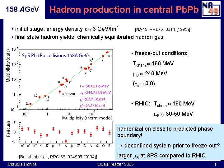 158 AGe. V Hadron production in central Pb. Pb • initial stage: energy density