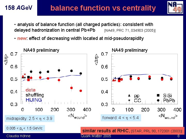 158 AGe. V balance function vs centrality • analysis of balance function (all charged