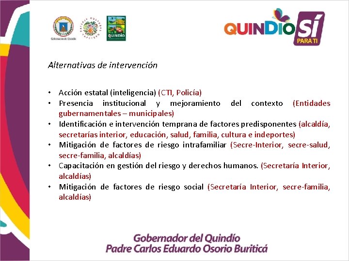 Alternativas de intervención • Acción estatal (inteligencia) (CTI, Policía) • Presencia institucional y mejoramiento