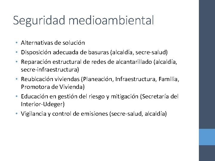 Seguridad medioambiental • Alternativas de solución • Disposición adecuada de basuras (alcaldía, secre-salud) •