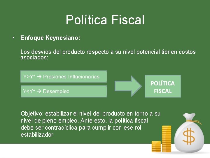 Política Fiscal • Enfoque Keynesiano: Los desvíos del producto respecto a su nivel potencial