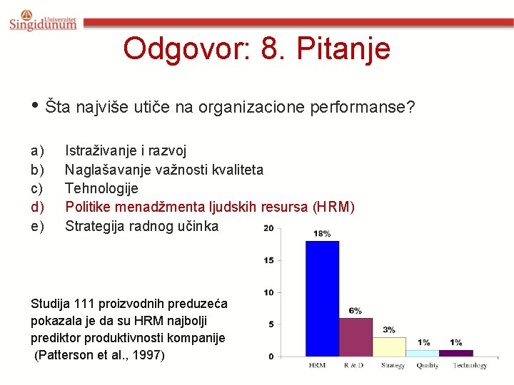 Odgovor: 8. Pitanje • Šta najviše utiče na organizacione performanse? a) b) c) d)