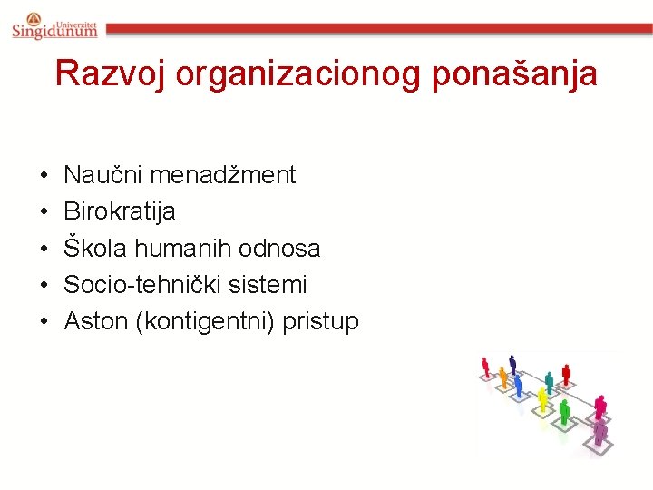 Razvoj organizacionog ponašanja • • • Naučni menadžment Birokratija Škola humanih odnosa Socio-tehnički sistemi