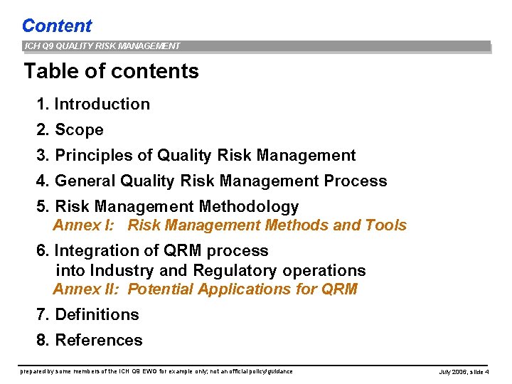 Content ICH Q 9 QUALITY RISK MANAGEMENT Table of contents 1. Introduction 2. Scope