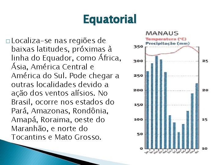 Equatorial � Localiza-se nas regiões de baixas latitudes, próximas à linha do Equador, como