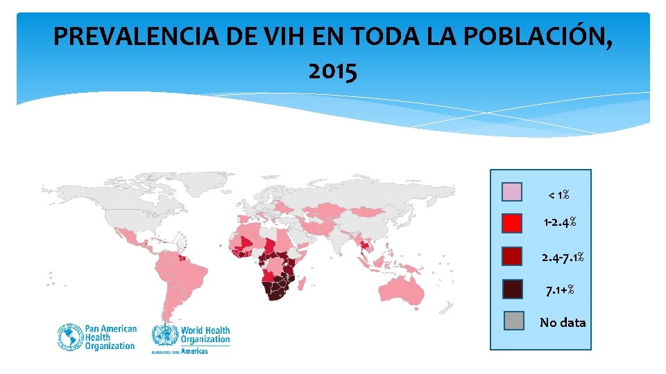 PREVALENCIA DE VIH EN TODA LA POBLACIÓN, 2015 < 1% 1 -2. 4% 2.