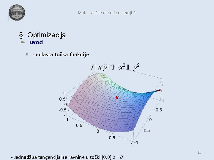 Matematičke metode u kemiji 2 § Optimizacija uvod sedlasta točka funkcije - Jednadžba tangencijalne