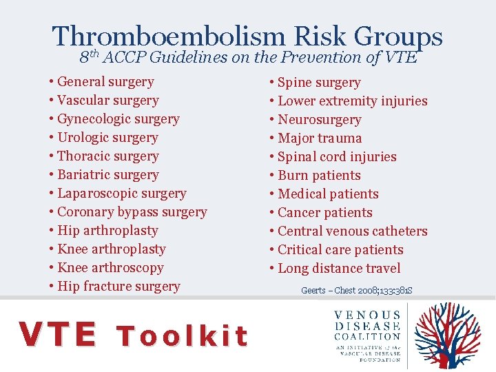 Thromboembolism Risk Groups 8 th ACCP Guidelines on the Prevention of VTE • General