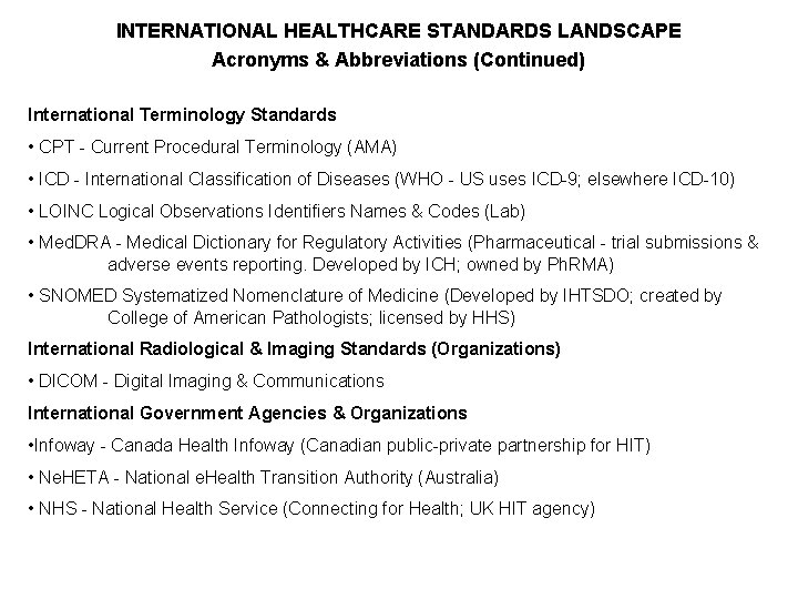 INTERNATIONAL HEALTHCARE STANDARDS LANDSCAPE Acronyms & Abbreviations (Continued) International Terminology Standards • CPT -