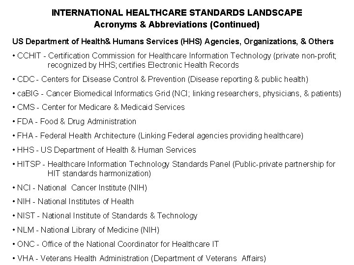 INTERNATIONAL HEALTHCARE STANDARDS LANDSCAPE Acronyms & Abbreviations (Continued) US Department of Health& Humans Services
