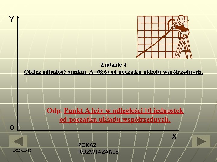 Y Zadanie 4 Oblicz odległość punktu A=(8; 6) od początku układu współrzędnych. Odp. Punkt