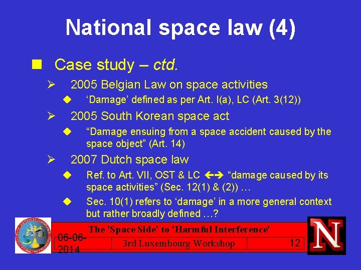 National space law (4) n Case study – ctd. Ø 2005 Belgian Law on