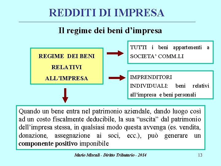 REDDITI DI IMPRESA ________________________________________________________________________ Il regime dei beni d’impresa TUTTI i beni appartenenti a