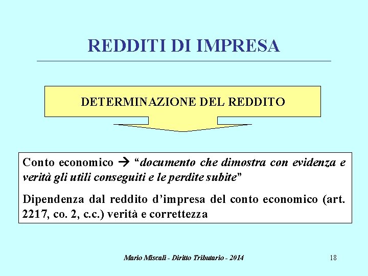 REDDITI DI IMPRESA ________________________________________________________________________ DETERMINAZIONE DEL REDDITO Conto economico “documento che dimostra con evidenza